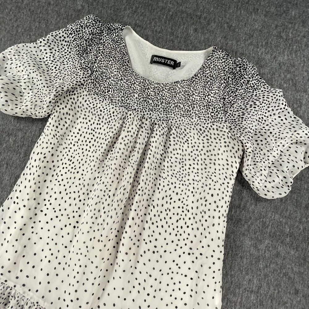 Muster 100% Silk Polka Dot Ruffle Hem Dress L White Black Boho Chic Summer - Picture 2 of 12